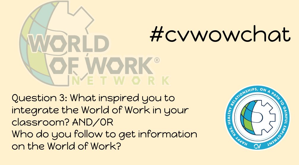 LaurenRhoadsl's tweet photo. Q3: What inspired you to integrate the World of Work in your classroom? AND/OR 
Who do you follow to get information on the World of Work?
#cvwowchat https://t.co/51hOAkgumJ