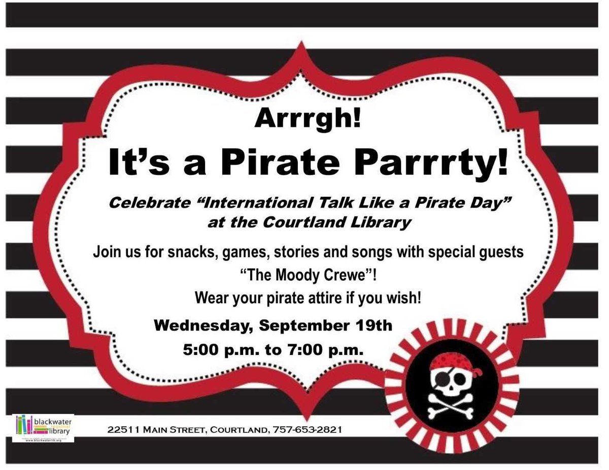 blackwaterlib9's tweet photo. Joins Courtland Branch for games, stories, songs, how to talk like a pirate, and meet the Moody Crewe Pirates! #BRL9 #NationalTalkLikeAPirateDay @TidewaterNews @SCPS_Division @FCPS_VA @RiverdaleElem1 @Nottoway_Elem @MeherrinES_SCPS @AllisonfCapron https://t.co/hJW5tjxRmM