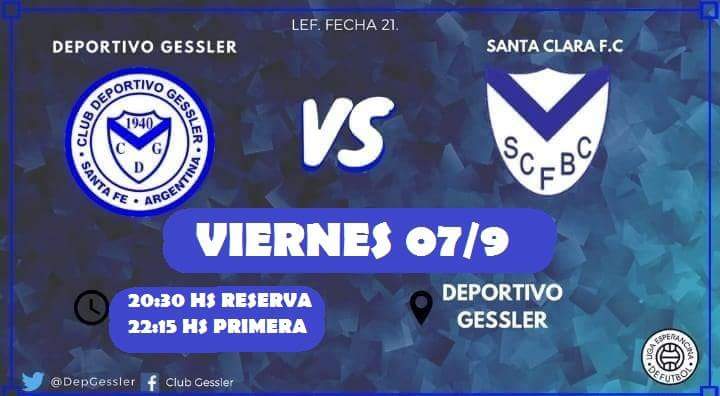 Este viernes a partir 20:30 hs juega Deportivo Gessler de local⚽⚽ Últimas dos fechas camino a la clasificación. Todos a la cancha a alentar al Club de nuestro pueblo💙💙 Vamos C.D.G!!⚪🔵⚪