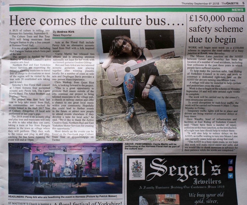 musicbyCarrieM's tweet photo. All aboard for the #Culture Train at #TheFloralHall #Hornsea with #JamieFowler on bass #PaveyArk #DogfingerSteve and #TheArkut lads .... #Saturday 7pm #VintageViator #TravelGuitar @GearMagazine @PhilWhiteradio @HullKRFM @hull_libraries @Culture_Hull https://t.co/0j0nm8RE6R