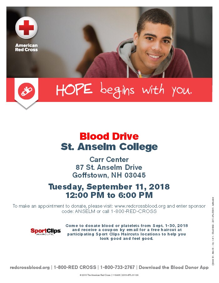 StAnselmSGA's tweet photo. Please join us for the blood drive Tuesday (9/11) from 12pm-6pm! The link to sign up is in our bio or you can sign up in Davison tomorrow (9/7) or Monday (9/10) from 12pm-7pm. Hope begins with you! https://t.co/8NkVAu3aR5