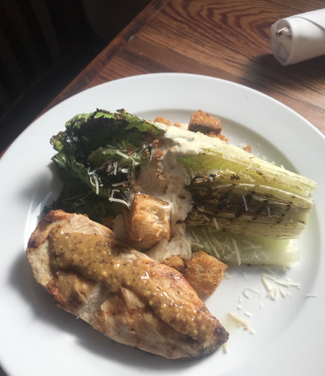 Cider brined grilled chicken breast with grilled romaine, house croutons, Caesar dressing, and Lusty Monk BBQ sauce.