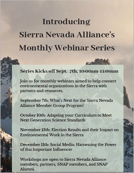 SNVAlliance's tweet photo. Tomorrow we will kick off the first webinar in our Sierra Nevada Alliance webinar series from 10:00-11:00.  Learn about the resources that Sierra Nevada Alliance has to offer. Sign up here: https://t.co/9ZQWAkOpvf https://t.co/kSj4Y1D0TY