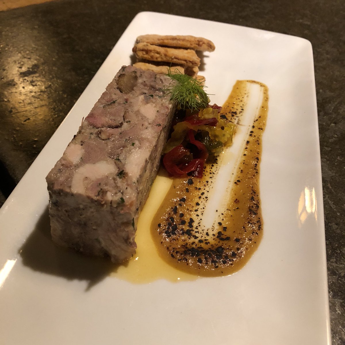 brickstorepub's tweet image. Our Thursday crew getting into tonight’s BBQ double header! Smoked head cheese appetizer and pulled pork shoulder entree with chocolate chip walnut cookies! Courtesy of our #kitchenkillaz ✨ #headcheese #smokedmeat #redpea #hoppinjohn #jalapenocornbread #bbq #foodie #deliciousaf