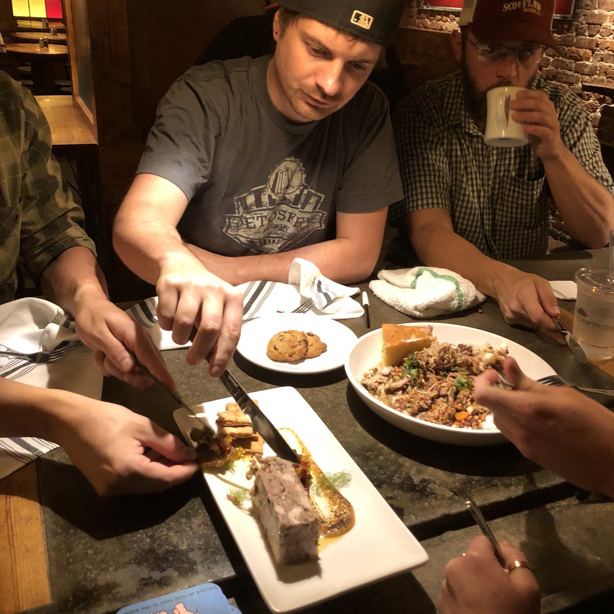 brickstorepub's tweet image. Our Thursday crew getting into tonight’s BBQ double header! Smoked head cheese appetizer and pulled pork shoulder entree with chocolate chip walnut cookies! Courtesy of our #kitchenkillaz ✨ #headcheese #smokedmeat #redpea #hoppinjohn #jalapenocornbread #bbq #foodie #deliciousaf