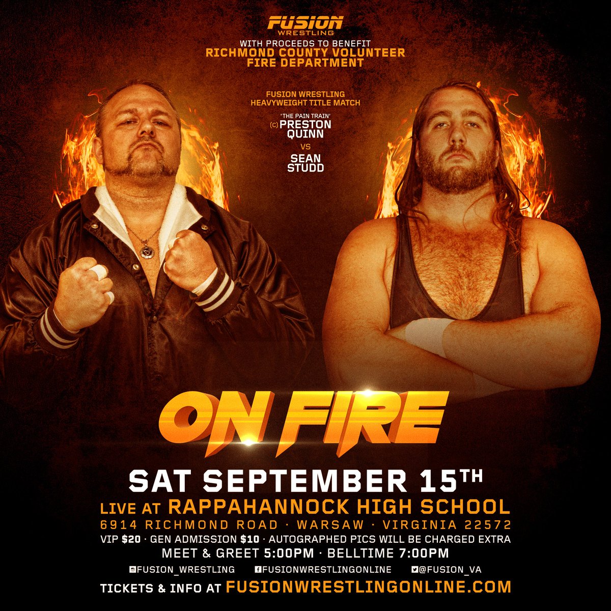 Fusion_VA's tweet photo. @Fusion_VA Heavyweight Title on the line when @PainTrainPQ battles the son of the giant @BigSeanStudd90 at #OnFire2018
Can the Pain Train derail the 6'7" monster?
9/15
Rappahannock High School
Warsaw, VA
Get your tickets now!
https://t.co/mx1aGdmetv https://t.co/c7FNUJzhVm