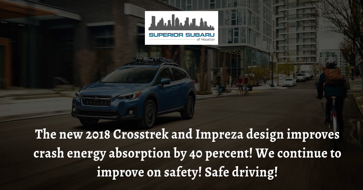 Subaru_Houston's tweet photo. The new 2018 Crosstrek and Impreza design improves crash energy absorption by 40 percent! We continue to improve on safety! Safe driving! https://t.co/K4mAjjtRhz

#superiorsubaruofhouston #vehicles #CarShowroom #Subaru #CarDealer #Financing #UsedCar #Houston https://t.co/HUwToBgjLw