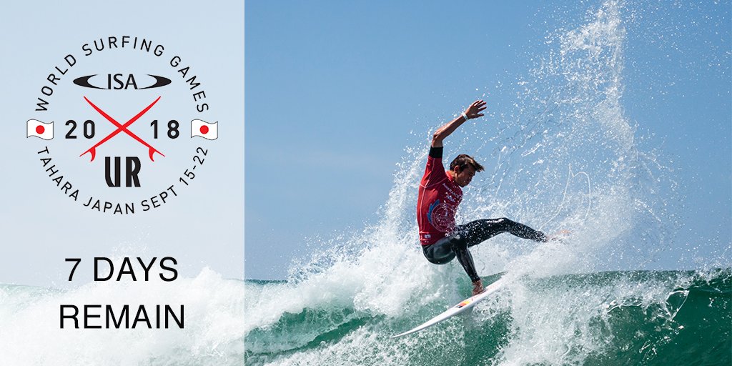 ISAsurfing's tweet photo. 2018 UR ISA World Surfing Games kicks off in 1 week! Watch it live September 15-22 on https://t.co/HVSc9oofK7. https://t.co/IWAtrGlrdl