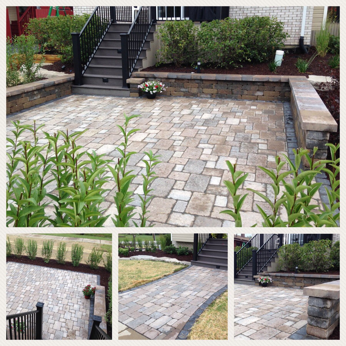 DutchBarn's tweet photo. Finished this beautiful #Brussels patio and walkway with #Courtstone (basalt) accents. Added a knee wall and some #landscaping to finish the look. #outdoorliving #timetoentertain #unilock #pavers #hardscaping #dutchbarnlandscaping #oakforestillinois https://t.co/bG4cBaVBK6