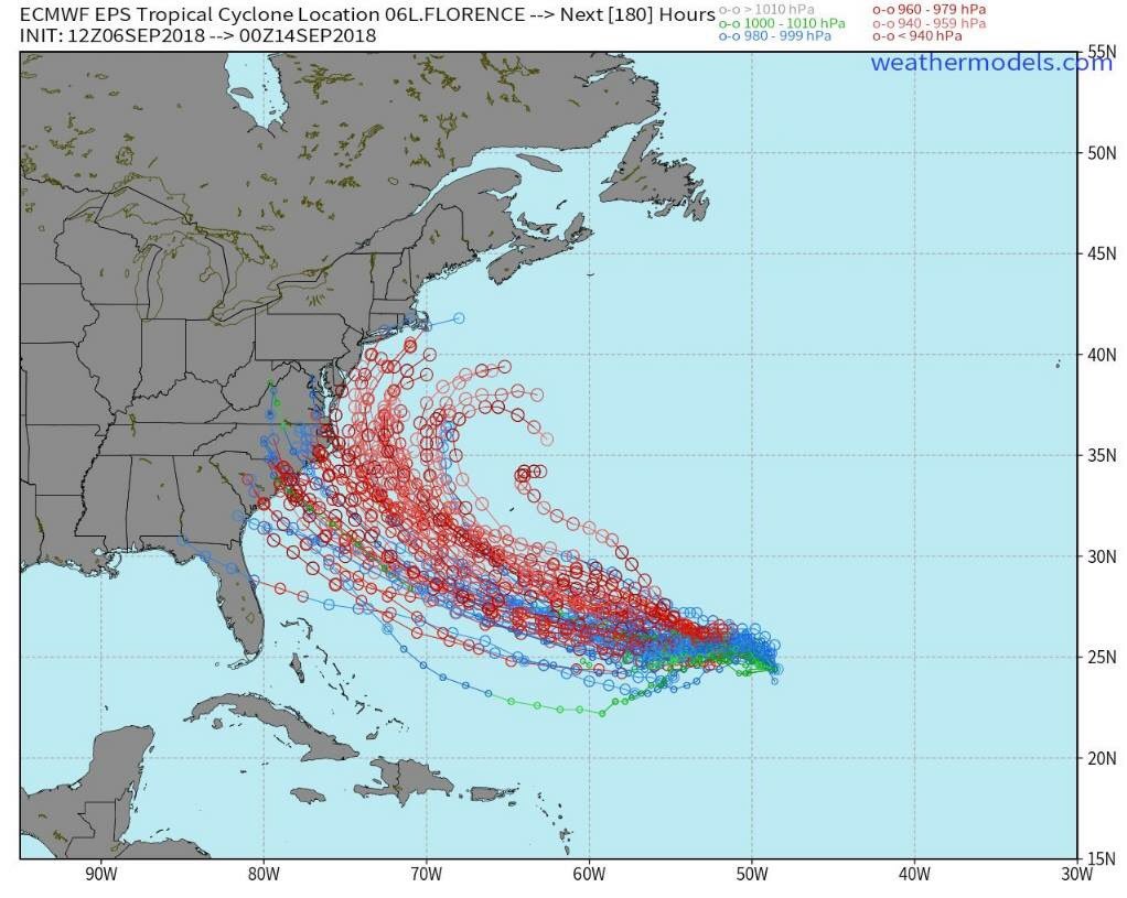 It’s fair to say there is a large spread, but important to note that even with that being the case, most of that spread impacts somewhere along the east coast. 12z ECMWF ensembles with another eerie shift west for #Florence. FL to NE in play for now.