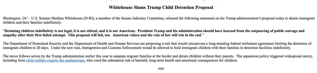 SenWhitehouse's tweet photo. Detaining children indefinitely is not legal, not ethical &amp; not American. @realDonaldTrump &amp; his admin should have learned from the outpouring of public outrage &amp; empathy after their first failed attempt. This proposal will fail, too. #FamiliesBelongTogether https://t.co/1FxKEKQqfd