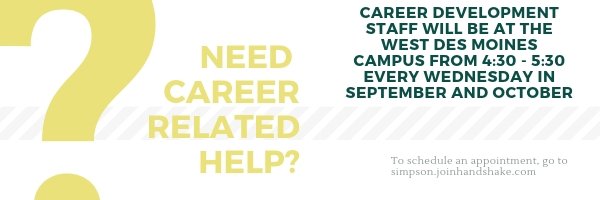 SimpsonContGrad's tweet image. Career Development at the WDM campus! Explore majors/careers-resume or cover letter review-job or internship search ideas-practice interview-LinkedIn review-graduate school questions
Use the Handshake system for an appt. bit.ly/2CoSrQ3 @SimpCoCareers #OneSimpson