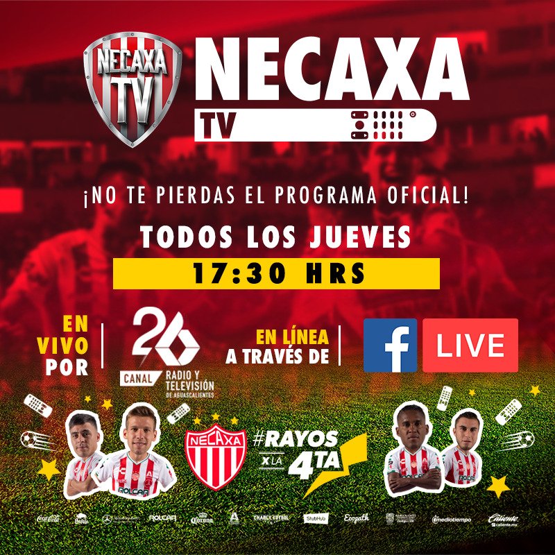 ClubNecaxa's tweet photo. No olvides que a las 17:30 comienza un programa de @NecaxaTV, con @Castro7Facu como invitado especial. Sigue la transmisión en directo mediante el #FacebookLive de @Canal26Ags.
#ConElRayoEnElCorazón ⚡ https://t.co/hwc74VToTF