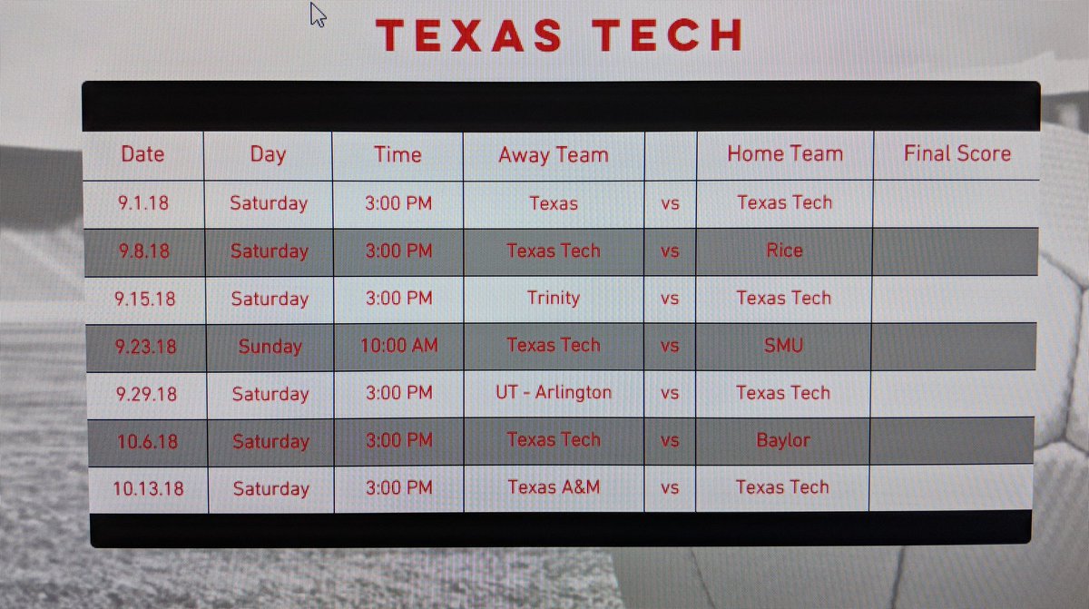 Here's the full schedule for the TTU red team! Hope to see as much support home &amp; away as possible! #Wreckem ‼️