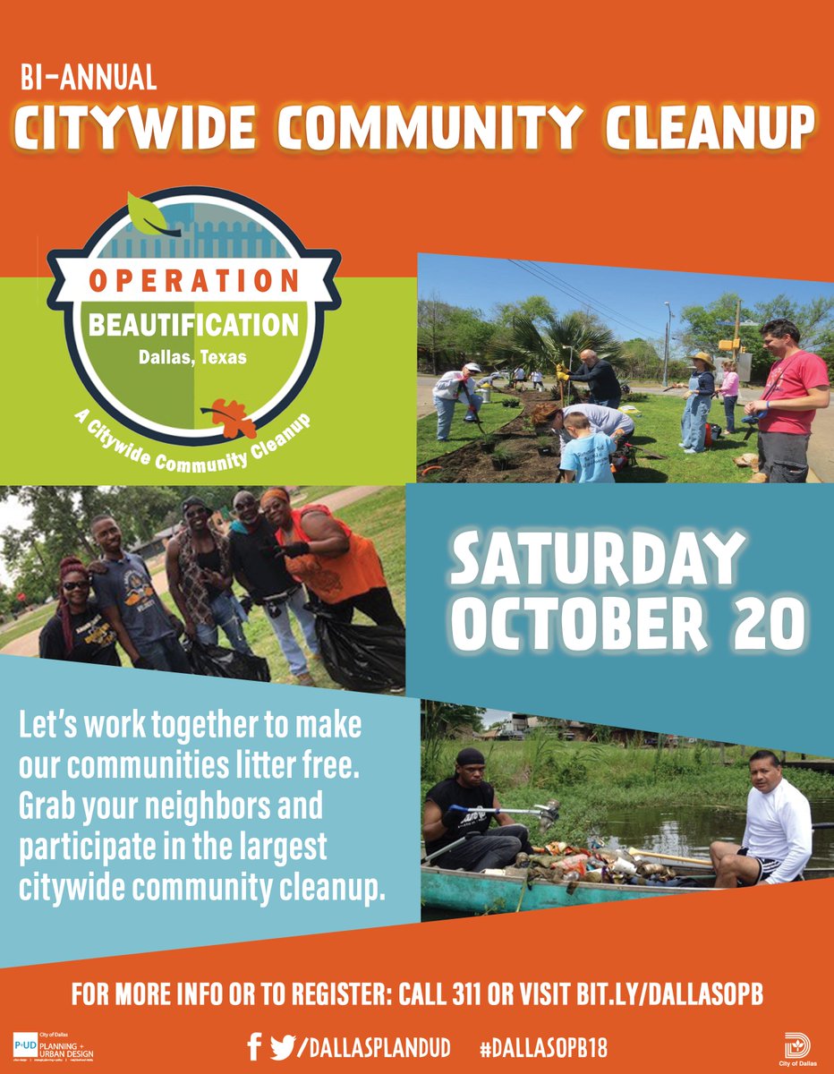 311Dallas's tweet photo. Are there places in your neighborhood that need to be cleaned up? Have you registered your neighborhood for the bi-annual City-wide Community Cleanup on Saturday October 20th? Register by calling 311 or visit https://t.co/juoqosxhS8 @DallasPlanUD @CityOfDallas @dallascitycode https://t.co/grRQNqLa1Z
