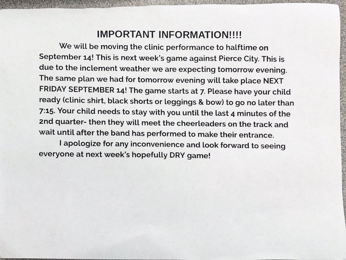 MrsHopeShock's tweet photo. Important info regarding tomorrow’s elementary cheer clinic performance- it will be moved to next week. https://t.co/o8kDiO8CWS