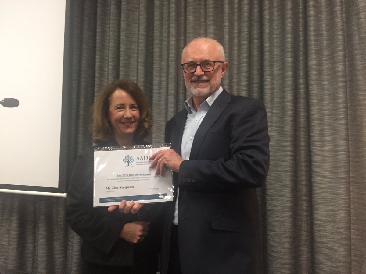 DrJackiSmall's tweet photo. AADDM Recognises the enormous contribution of JIm Simpson to improve health of people with intellectual disabilities with 2018Bob Davis Award #AADDM18 https://t.co/bDtGTleKEK