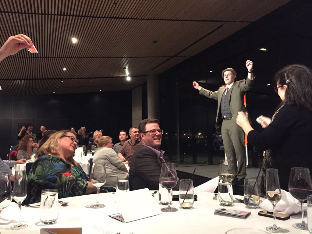 waperry's tweet photo. How did he do it? #magic at @VDCeduau #VDCTL18 Conference dinner last night, fantastic choice for entertainment with #magician Nick Kay https://t.co/ZSIbAKDTXM