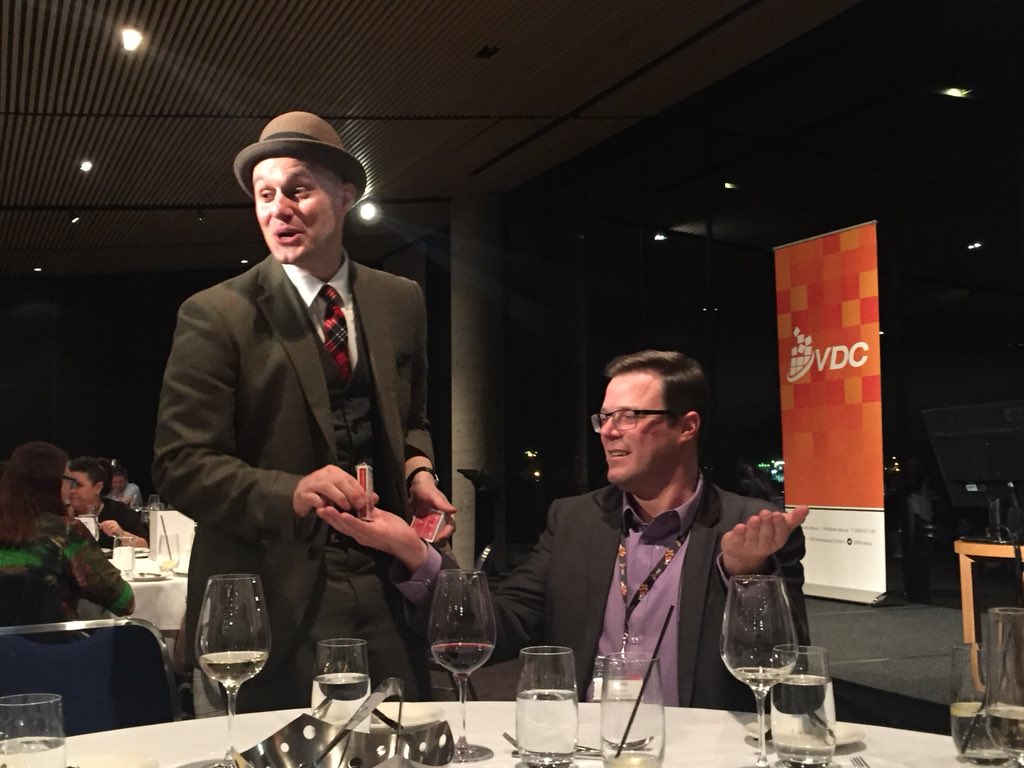 waperry's tweet photo. How did he do it? #magic at @VDCeduau #VDCTL18 Conference dinner last night, fantastic choice for entertainment with #magician Nick Kay https://t.co/ZSIbAKDTXM