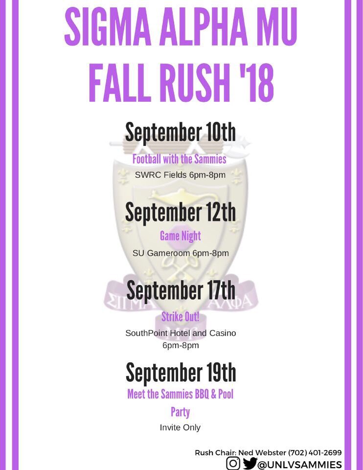 unlvsammies's tweet image. ⚜️Σammy ΣΖΝ Is Here ⚜️                                                 Don’t forget to mark your calendars for our 2018 Fall Rush Events! #RushΣΑΜ #ΣammyΣΖΝ #thebestisyetocome