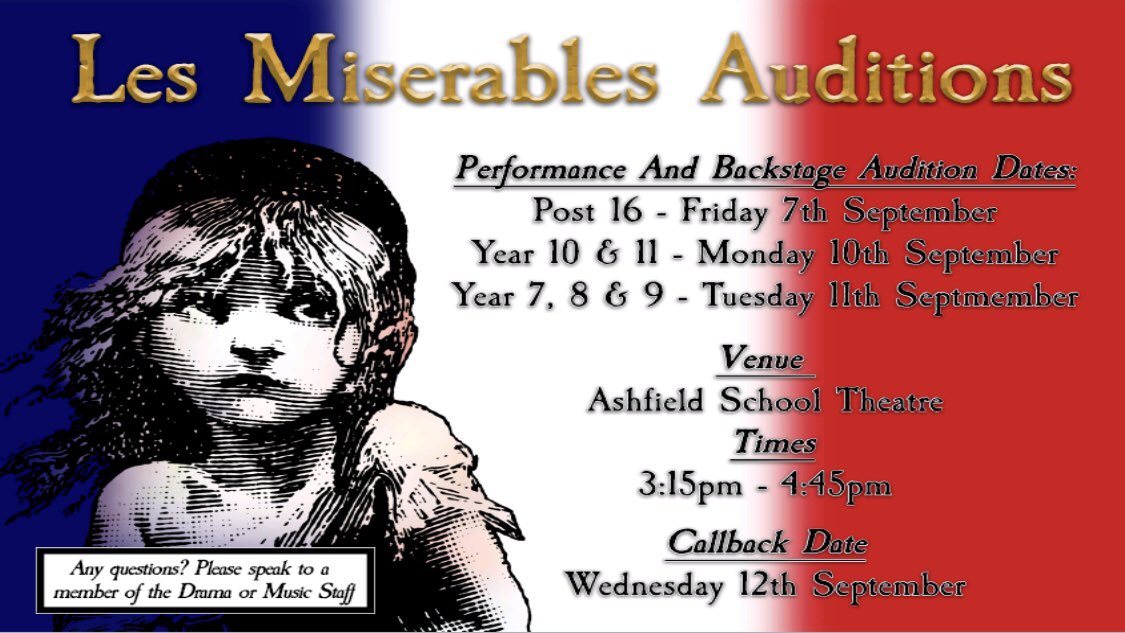 ashfieldp_arts's tweet photo. Excited for the Post 16 auditions tomorrow... hope to see lots of people! #LesMis #Onedaymore #Wewillhearthepeoplesing 🇫🇷🎭 https://t.co/qDwQPR2Q8M
