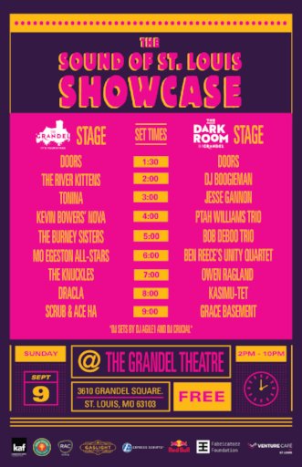 Can't wait to see y'all for The Sound of St. Louis Showcase! Check out the full schedule.

Thanks to  <a href="/urbanchestnut/">UrbanChestnutBrewing</a>, <a href="/RACStLouis/">Regional Arts Commission of St. Louis</a>, <a href="/GaslightSTL/">Tell Me You’re Joking</a>, <a href="/ExpressScripts/">Express Scripts Pharmacy Benefit Services</a>, <a href="/redbull/">Red Bull</a>, @FabricatorzOrg, and <a href="/VentureCafeSTL/">Venture Café STL</a> for supporting this event.