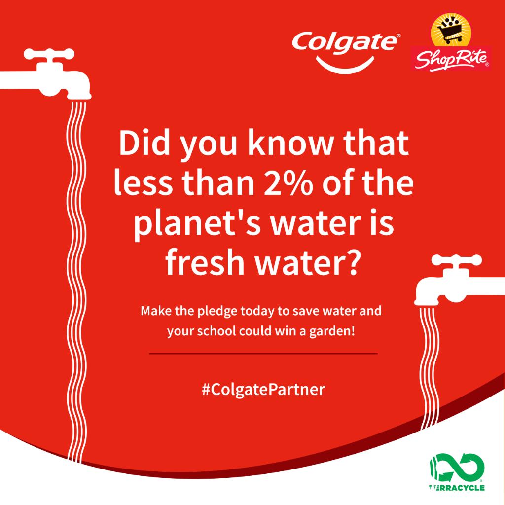 ShopRiteStores's tweet image. Did you know that less than 2% of the planet's water is fresh water? Make the pledge today to save water and your school could win a garden! bit.ly/2mlYlGu #ColgatePartner