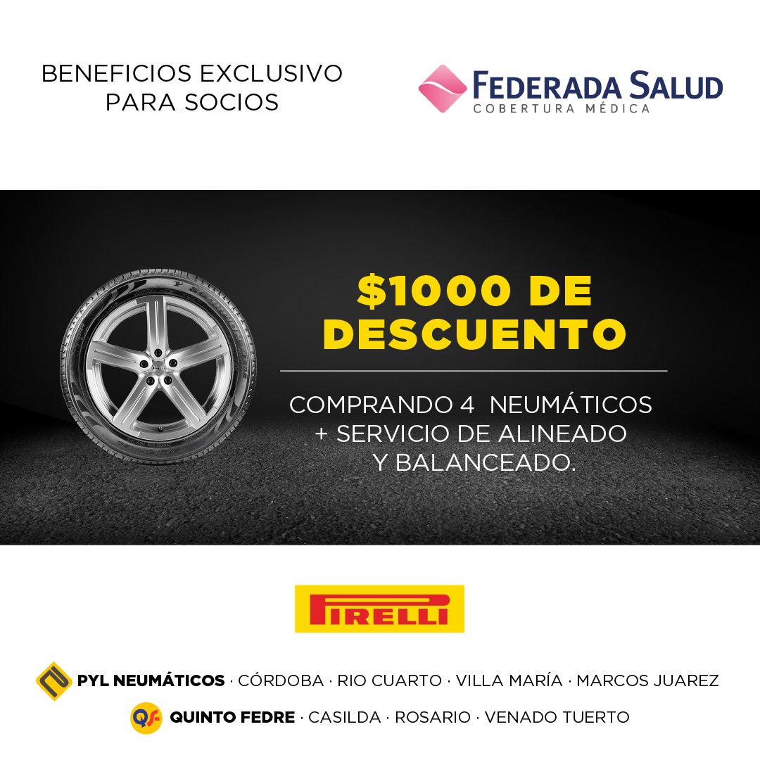 PYLNEUMATICOS's tweet photo. ☑️ PROMO FEDERADA SALUD: Comprando 4 neumáticos de auto o camioneta mas servicio de alineado y balanceado obtenés $1000 DE DESCUENTO.
Vigencia hasta el 27/03/2019. 
No acumulable con otras promociones.
Hacé tu consulta! Estamos para asesorarte.👌 https://t.co/V1VW0fase5