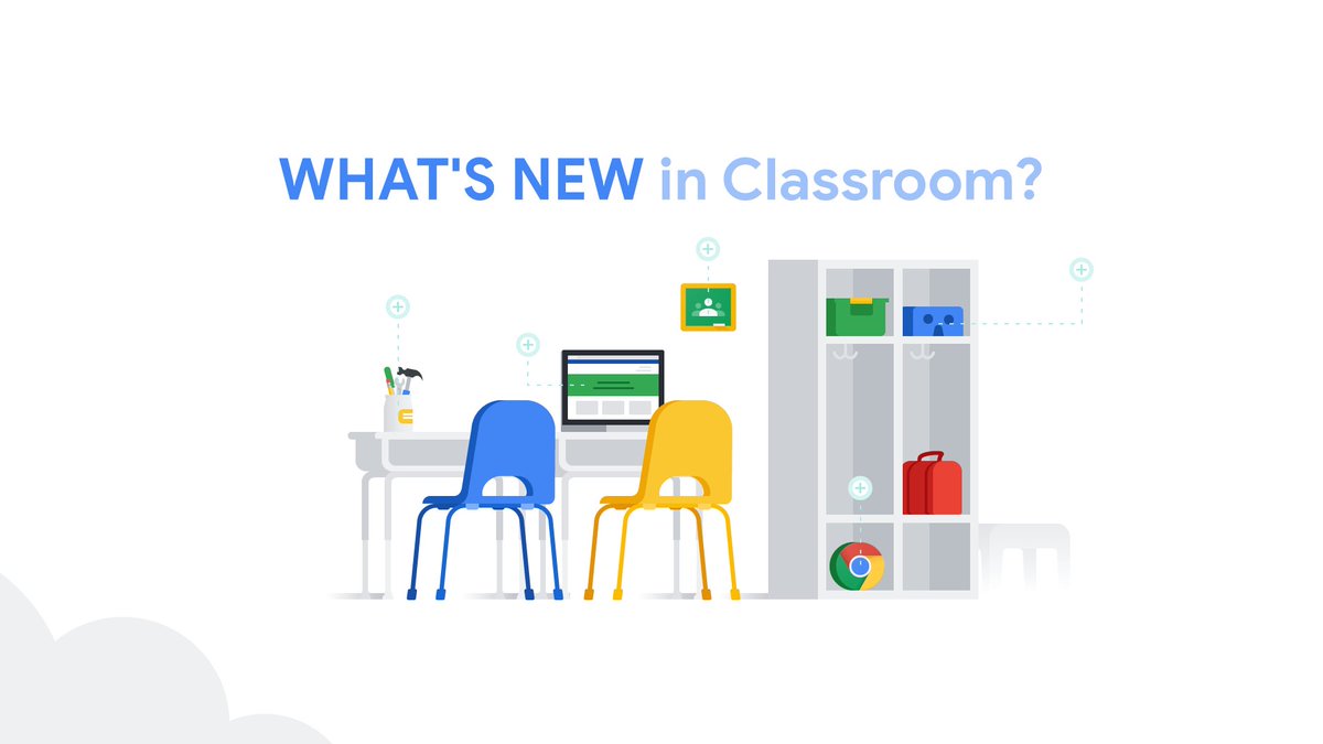 Text: What's new in Classroom. Visual: Classroom scene with desk, computer, cubby and chairs