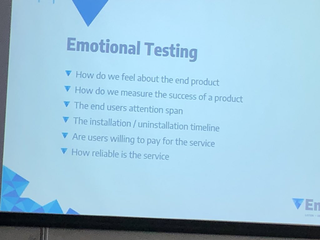 fabiochoupina's tweet image. First time I hear about Emotional Testing, definitely something to take under consideration. Measure the success of the product by how many people use it, how much they’re willing to pay for it and the install/uninstall timeline #MobileRefresh