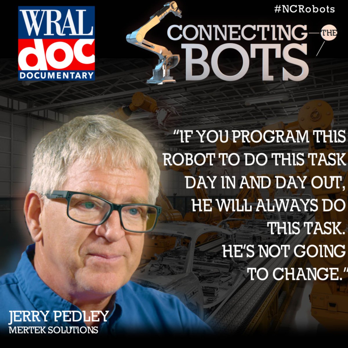 WRALDoc's tweet photo. Mertek's Jerry Pedley says reliability is the reason robots are essential in the workplace. #NCRobots #WRALdoc #wral https://t.co/W2XAsnfamg