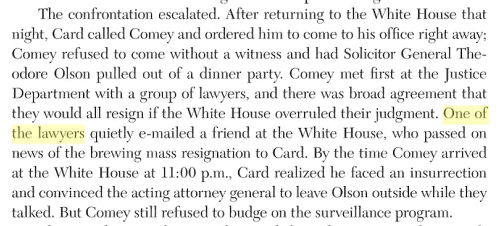 A few years later, when the surveillance program was up for renewal, and a bunch of people (including both Comey and Mueller) threatened to resign if it was renewed (as they considered it illegal), how did Ed Whelan let the White House know what was happening? Kavanaugh.