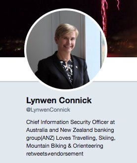 dez_blanchfield's tweet photo. #followrecommendation
Lynwen Connick @LynwenConnick Chief Information Security Officer at Australia and New Zealand banking group(ANZ) Loves Travelling, Skiing, Mountain Biking & Orienteering retweets≠endorsement Australia https://t.co/gYdmEmRGR0