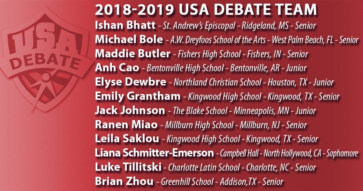 speechanddebate's tweet photo. Another big congratulations to the new members of the 2018-19 #USADebate Team and Development Team! https://t.co/yUNHAMVSXr