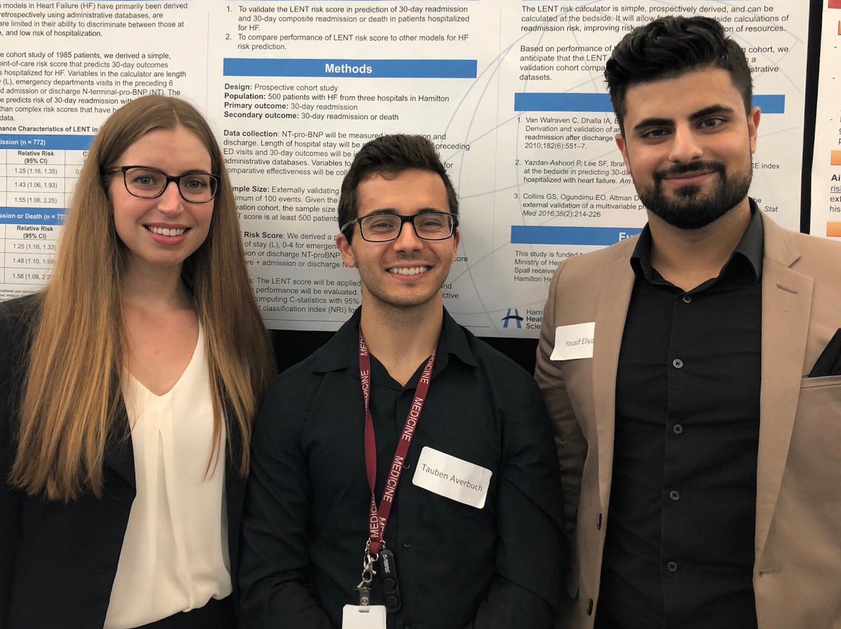 hvanspall's tweet image. So proud of ⁦@krsulli1⁩ ⁦@EliyaYousif⁩ and Tauben Averbuch for winning 3rd prize for their poster in #riskprediction in #heartfailure. Fantastic day with over 90 posters presented at PHRI research day!