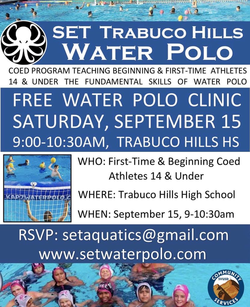 Come out Saturday, September 15th and join us in our youth water polo clinic !! Spread the word!!! 🤽🏼‍♂️🤽🏻‍♀️ #thhspolo #youthwaterpolo #polorocks #set #setwaterpolo @THHSMustangs @SETWPC