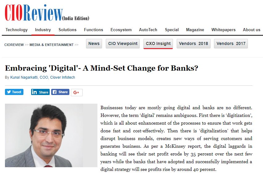_CloverInfotech's tweet photo. Embracing 'Digital'- A Mind-set change for Banks by Kunal Nagatkatti, COO, https://t.co/xVNm3XBYwI #cloverinfotech @_CloverInfotech https://t.co/OQYaNIvyRU