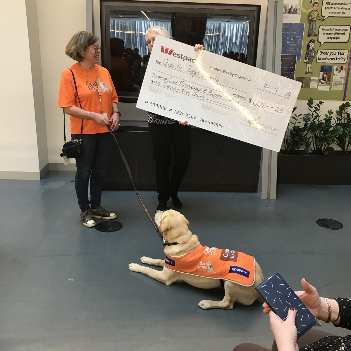AFCA_org_au's tweet photo. Such a pleasure to present this donation to @GuideDogsVIC. Big thanks to Barbara Walsh for sharing her story with us and the difference she and others are making to the lives of visually impaired Australians. And a special thanks to Luca for being so well behaved! #GuideDogsVIC https://t.co/NNWb5VegS2