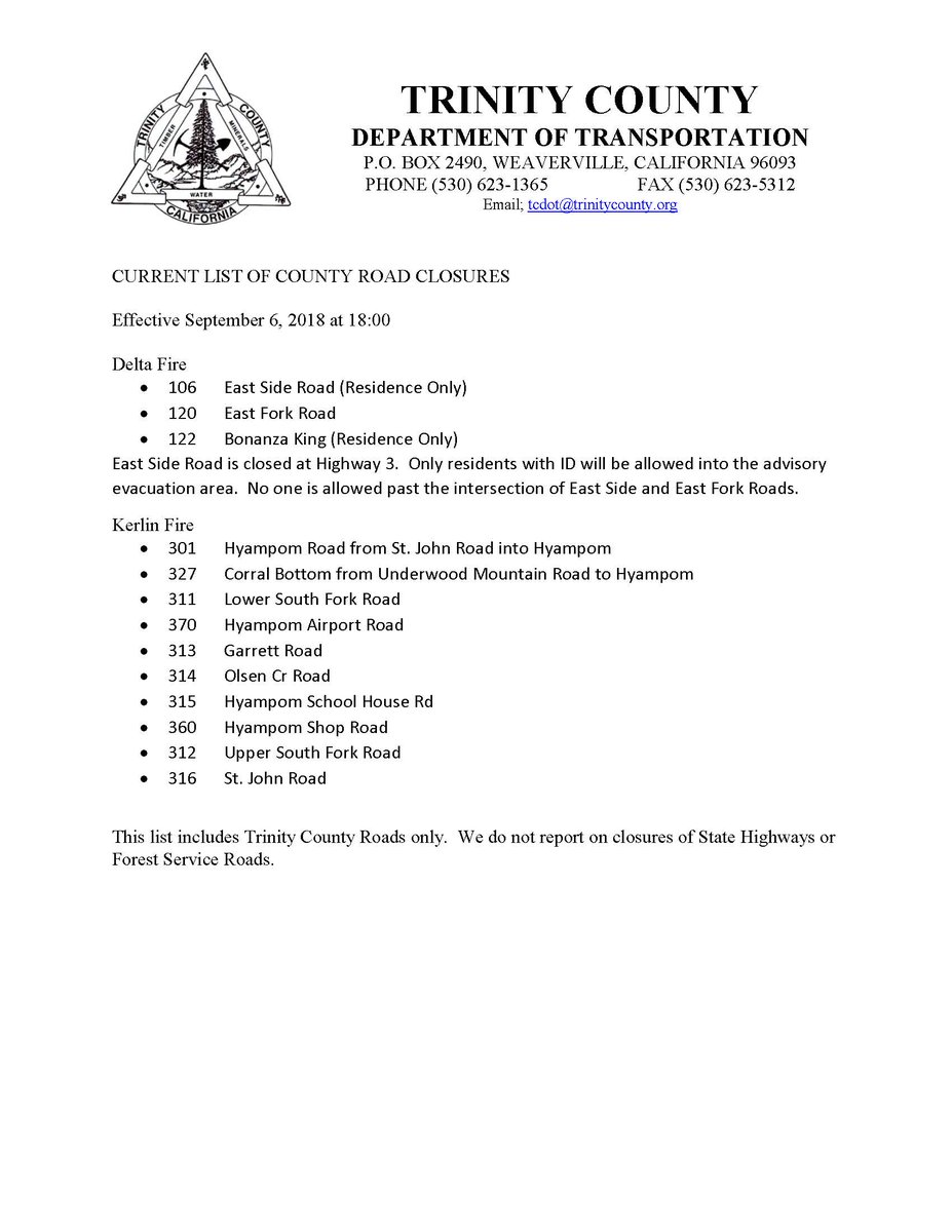 TrinityDOT's tweet image. Current list of CLOSED roads due to the #KerlinFire and #DeltaFire .