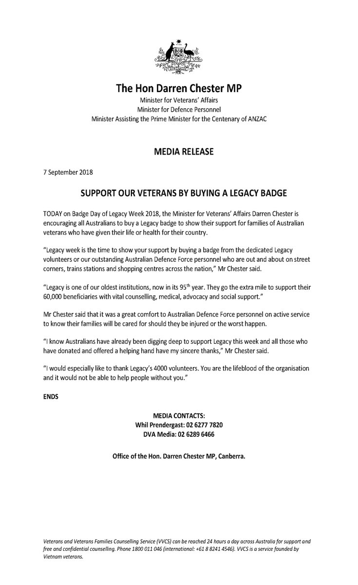 LegacyAust's tweet photo. “Legacy is one of our oldest institutions, now in its 95th year. They go the extra mile to support their 60,000 beneficiaries with vital counselling, medical, advocacy and social support.” - Minister @DarrenChesterMP #LegacyWeek2018 https://t.co/8W5npUYuLn