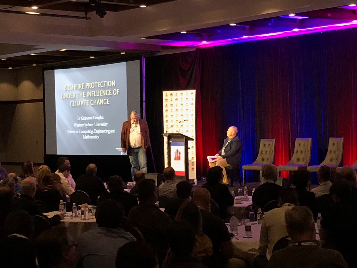 danielcopland's tweet photo. Dr Grahame Douglas discussing the impact of climate change on bushfires - “importance is not the change in average temps (up to 1 deg) but what is happening at the extreme end” #bmcc #bushfireconf https://t.co/Y1gCyk7xs6