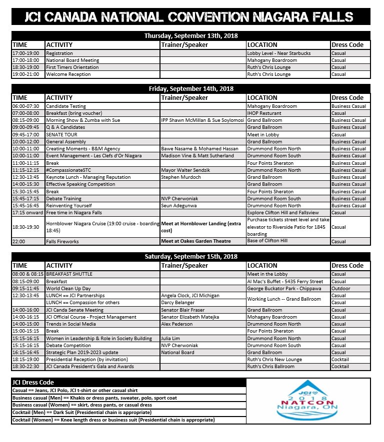 Here is the schedule for the national convention. Save this image to your phone for quick reference. See you in one week! == Voici le calendrier de la Convention nationale. Enregistrez cette image sur votre téléphone pour une référence rapide. Rendez-vous dans une semaine!