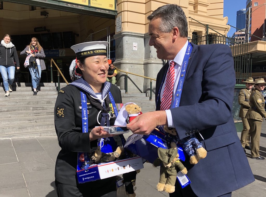 DarrenChesterMP's tweet photo. Great fun helping @LegacyAust volunteers and our ADF members raise money for veterans & their families. Bought four Legacy Bears & met some amazing defence members. Thank you for your service #TYFYS #LegacyWeek2018 @CDF_Aust @DVAAus @Australian_Navy @AustralianArmy @Aus_AirForce https://t.co/fEAzsKEqPn