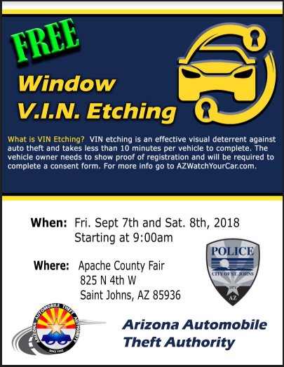 azautotheft's tweet photo. Your AATA is on the road again! We will be at that #ApacheCountyFair #VinEtching cars started as early as 9:00am. We will, of course, be talking about that #9PMRoutine! Stop by and say Hi!
#Arizona, #AutoTheft #StJohns #Springervill #EasternArizona https://t.co/rKrtaEhMa6