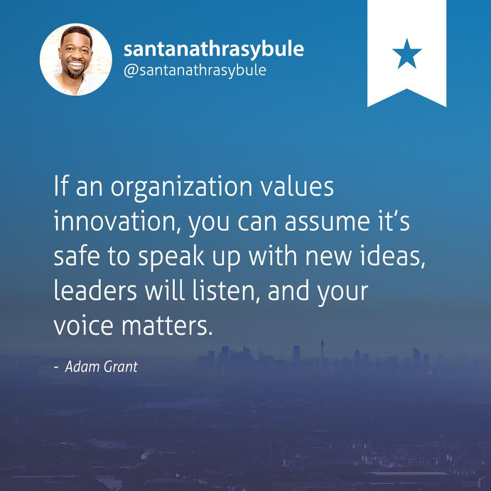 therealistST's tweet photo. If an organization values innovation, you can assume it’s safe to speak up with new ideas, leaders will listen, and your voice matters. - Adam Grant #keepuspostd #impact
#organization
#santanathrasybule
#products
#production
#organizations
#nonprofits
#passion
#transparency https://t.co/9Ffk0iIy0C