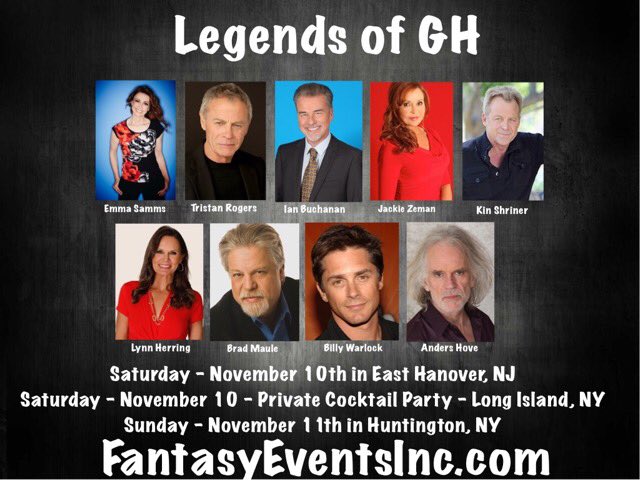 coastalent1's tweet photo. #LegendsofGH #GH #GeneralHospital amazing lineup! Two Months away! @EmmaSamms1 @tristanrogers @KilttripUSA @JackieZeman @kinshriner @TheLynnHerring @BillyWarlock @GHFantasyEvents @UNCLEVINNIESCC! https://t.co/4pa93ERFO1