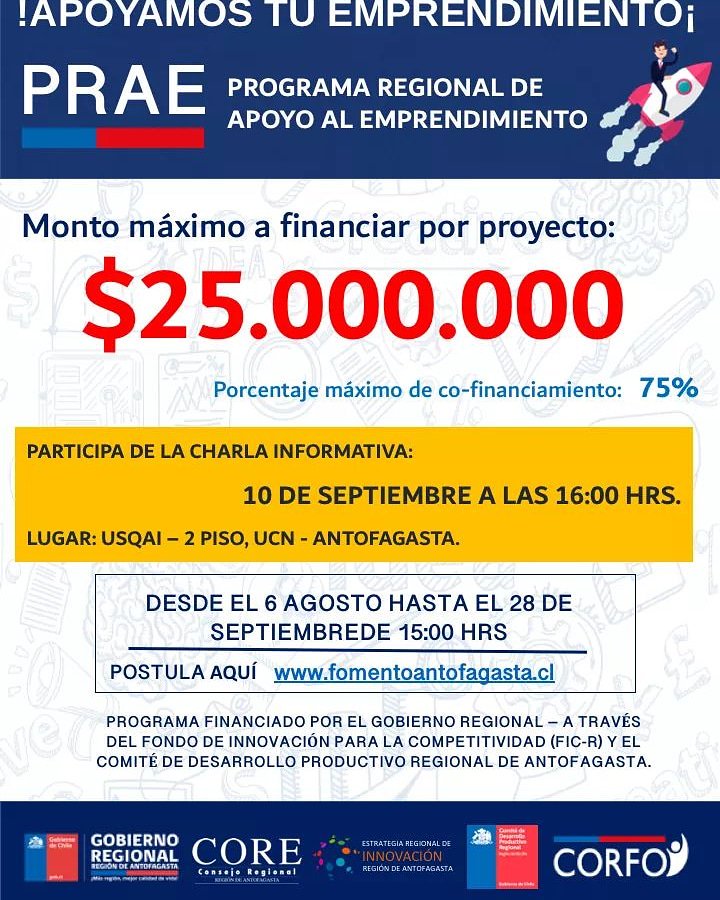 Emprendeencl's tweet photo. El próximo lunes 10 de septiembre en @USQAI_UCN, se realizará la charla informativa para postular al Programa de Acompañamiento al Emprendimiento, #PRAE!!! ¿Y tú, te lo vas a perder? @Corfo https://t.co/f48MJT6WRf