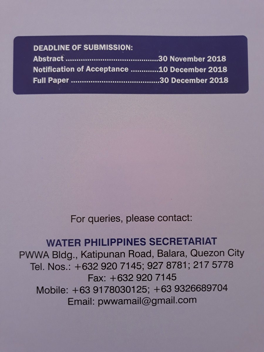 Water Philippines 2019 
CONFERENCE CALL FOR PAPERS
Theme: "Addressing Climate Change Through Resilient, Sustainable Water and Sanitation Development"
March 20-22, 2019
SMX Convention Center
Pasay City, Metro Manila
Philippines