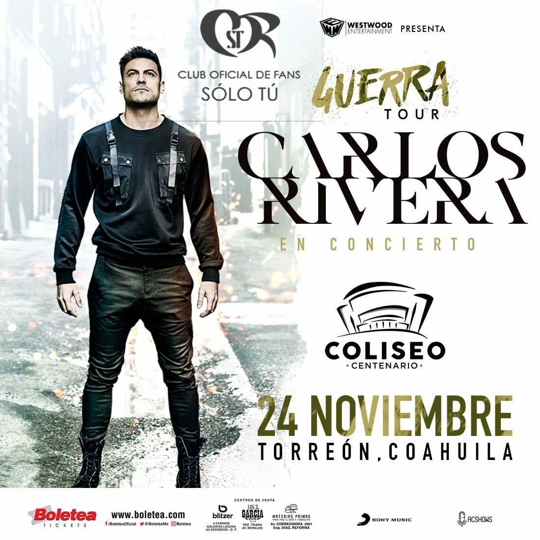 Nancy_SoloTuMty's tweet photo. Quien esta listo para el #GuerraTour  ?? Este #24DeNoviembre  #CarlosRivera en #TorreonCoahuila boletos en https://t.co/eBnXVfP9VC @ClubSoloTu @WestWoodEntt @jjuarezww @sonymusicmexico https://t.co/ZSFTeUgRl7 https://t.co/dMHLli1Vml