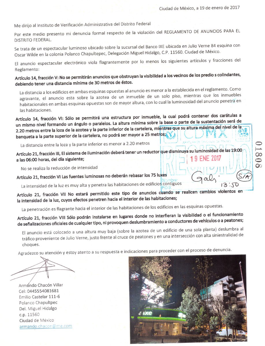 Armando_ChaconV's tweet photo. @JorgecNegrete @pasotti @aepCDMX @delegacionMH @TuMexicoLimpio Suplico apoyo sobre mega luminoso ilegal de https://t.co/9SbjzEAaAS en Julio Verne 84 esq Oscar Wilde sobre azotea de un piso sobre @BanorteEscucha Llevo dos años denunciando ante @DENUNCIAINVEAMX sin resultados.
@vromog @aepCDMX y @delegacionMH conocen bien la ley ¿la aplican? https://t.co/pDOXLhO22C